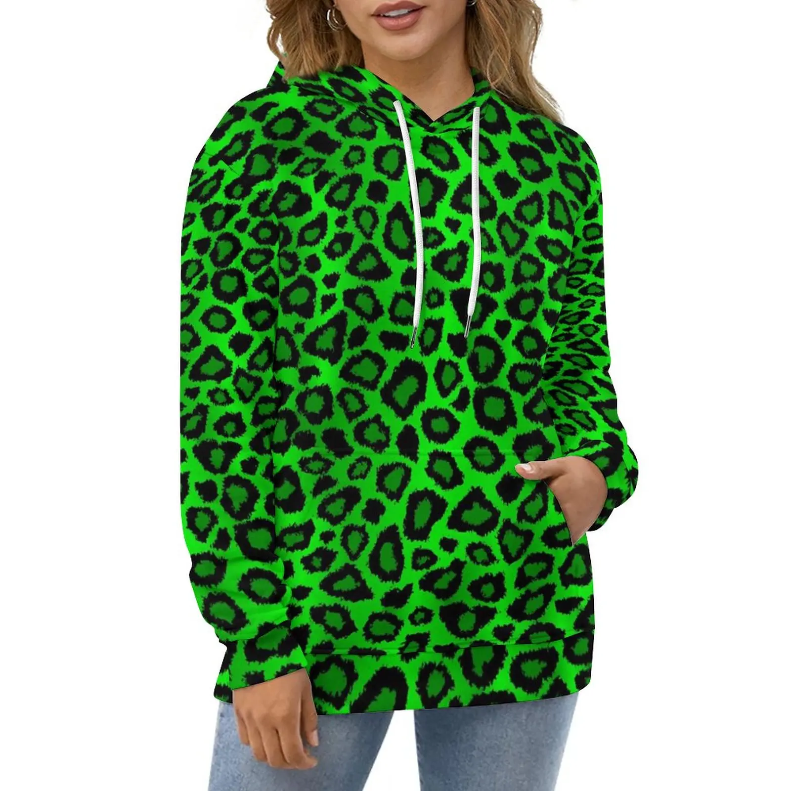 

Leopard Animal Hoodies Lime Green Black Street Style Oversize Hoodie Unisex Long-Sleeve Kawaii Print Casual Hooded Sweatshirts