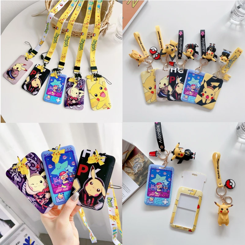 Cartoon Pokemon Pikachu Badge Long Rope Card Cover Short Cord Pendant Card Holder Access Card Work Permit Protective Case