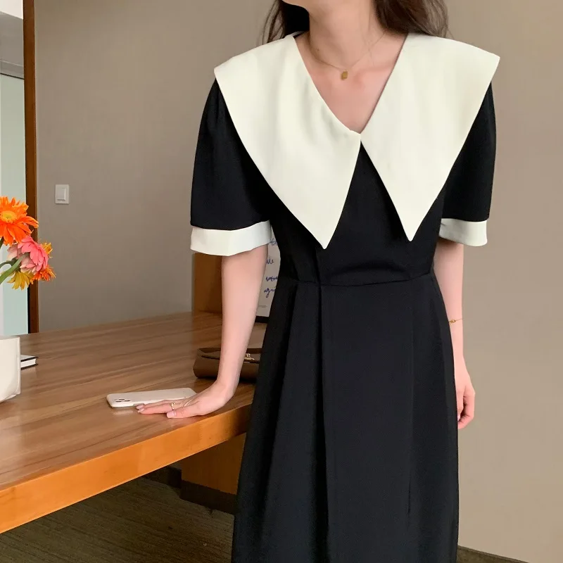 

French elegance large lapel contrast lace up waist thin bubble sleeve dress women