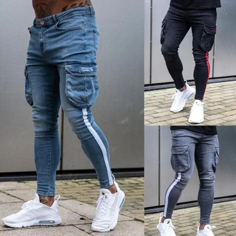 

Mens Skinny Pencil Pants Draped Hole Pocket Denim Biker Hip Hop Distressed Slim Elastic Multi-pocket Jeans