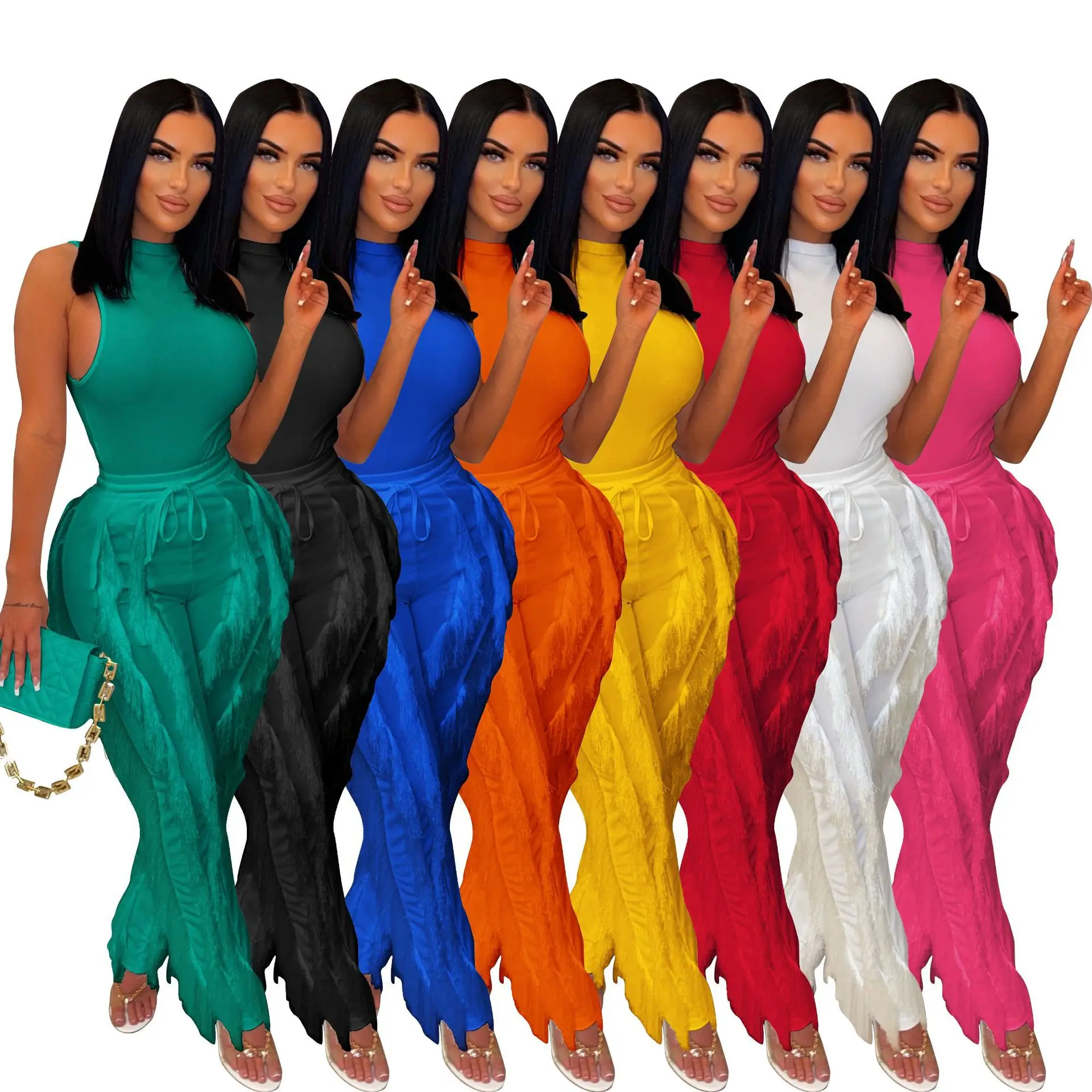 

Summer Women'S Sexy Two-Piece Fringe Solid Color Wide-Leg Trousers Sleeveless Casual Suit Lace A220