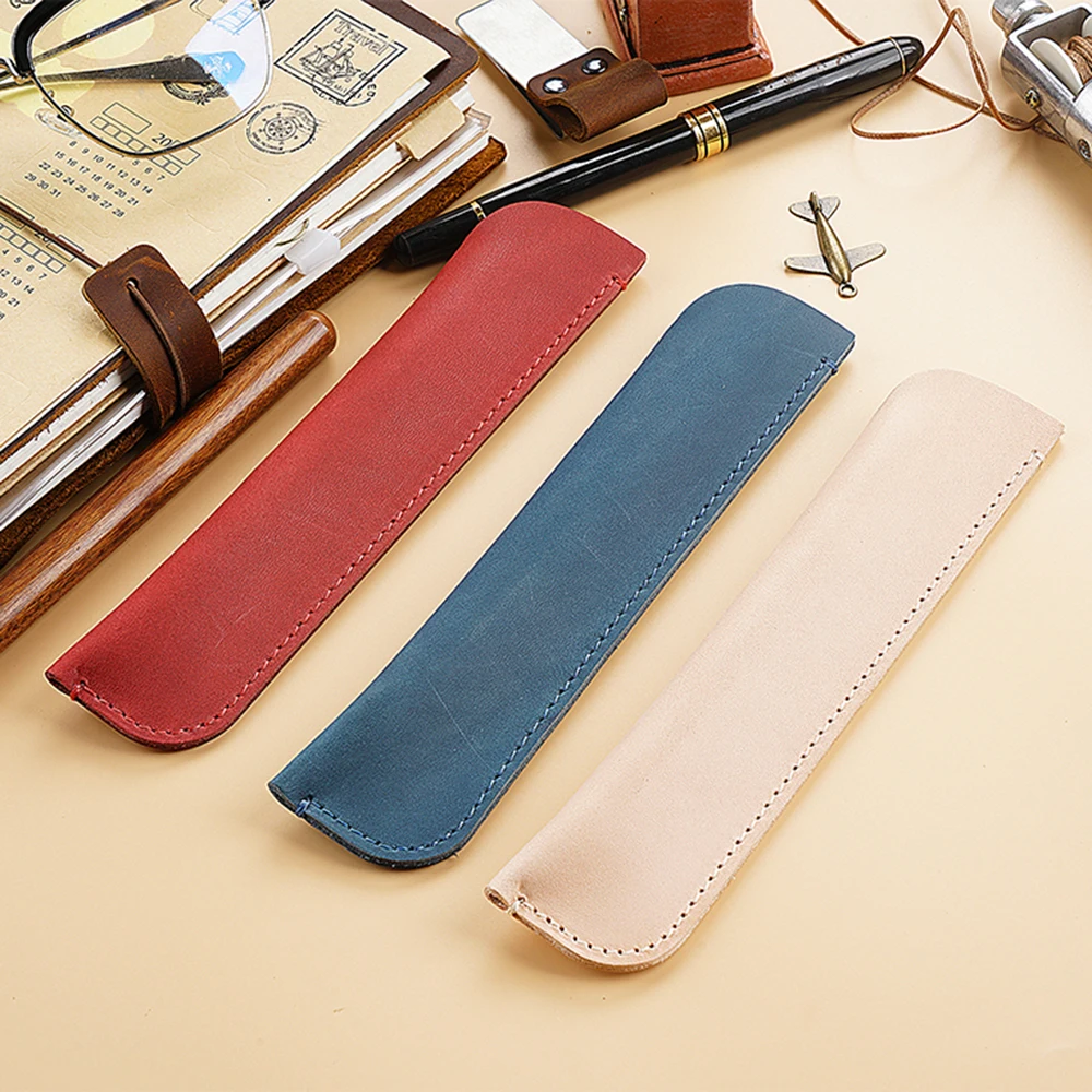 

Handmade Genuine Leather Pen Bag Case Colorful Vintage Cowhide Single Pencil Pouch Holder For Rollerball Fountain Ballpoint Pen