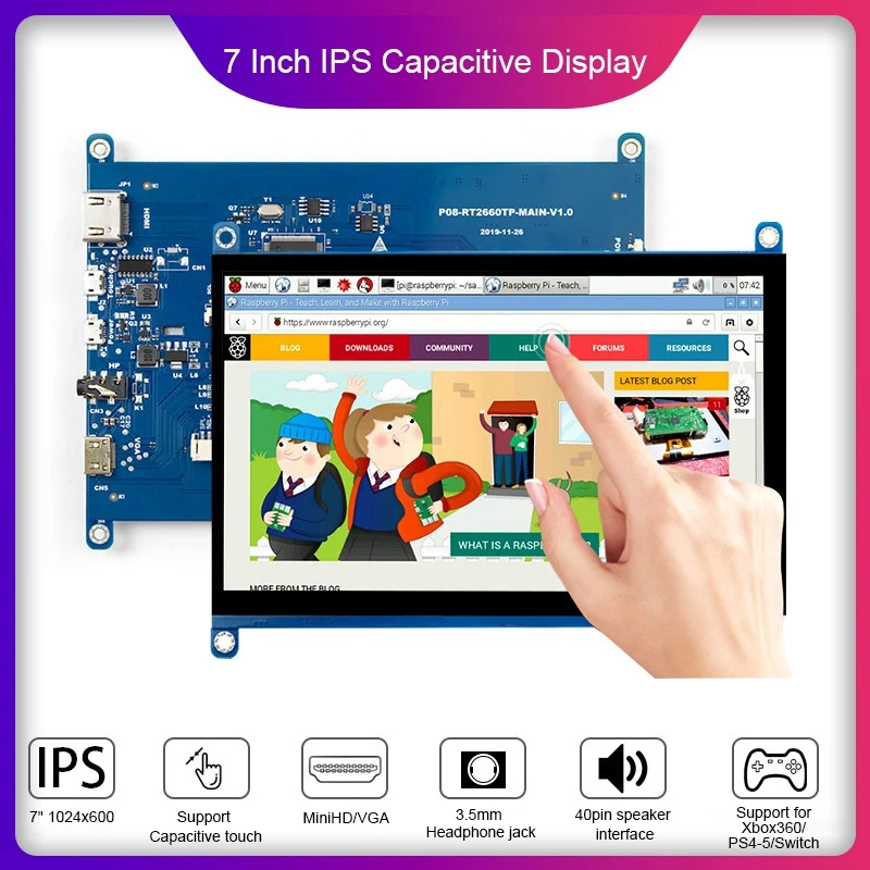 

7 Inch IPS Capacitive Screen Monitor 1024X600 HD Display HDMI-Compatible VGA Interface Display For Raspberry Pi
