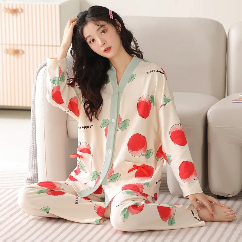 Yasuk Spring Autumn Fashion Women Casual Soft Print Sleepwear Homewear Pajamas With Pants Sweet Fruits Apple Girl Simple Cotton