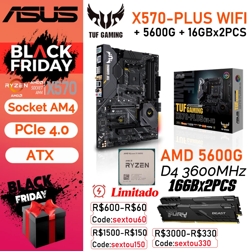 X570 комплект ASUS TUF GAMING X570-PLUS (Wi-Fi) + Ryzen 5 5600G D4 3600 МГц 32 Гб материнской платы 128 ГБ PCI-E 4 0