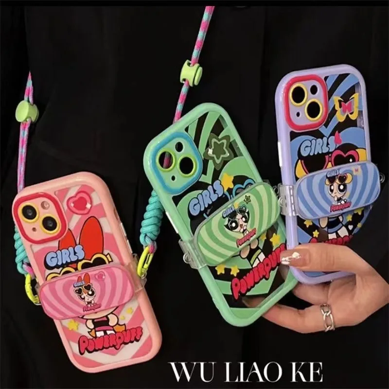 

Cute Powerpuff Girls with Stand Lanyard for iPhone 13 12 11 Pro X XR XS MAX Silicone Creative Phone Case
