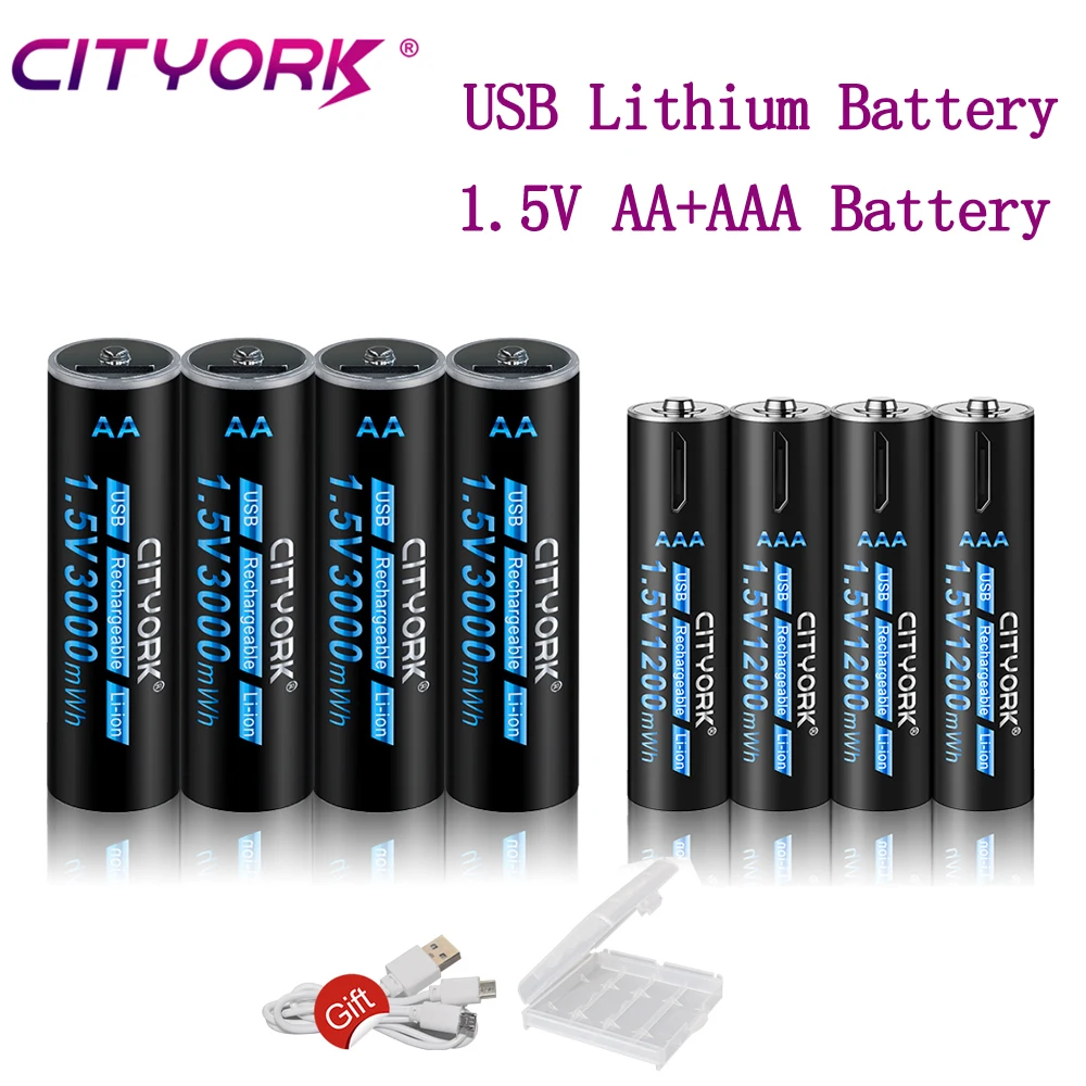 

1.5V 3000mWh AA + 1200mWh AAA Rechargeable Lithium ion Battery for Flashlight Toy MP3 Player USB fast charging AA AAA Battery