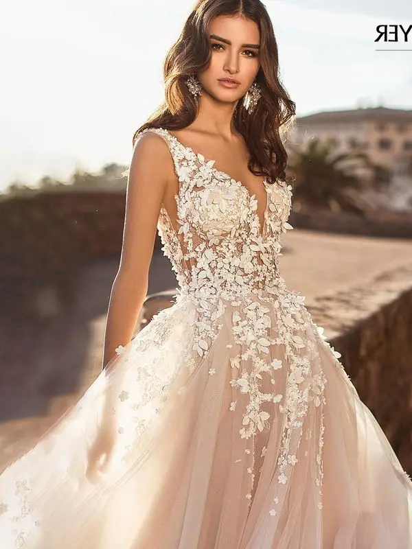 

Свадебное платье с 3D цветами, без рукавов, трапециевидного силуэта, с V-образным вырезом и открытой спиной, аппликация, принцесса, BECHOYER N128, платье невесты, свадебное платье