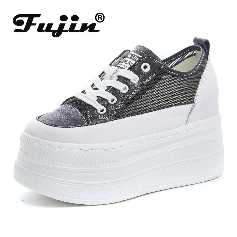 

Fujin 9cm Air Mesh Genuine Leather Full Cow Women White Shoes Air Mesh Platform Sneakers Wedge Hidden Heel Women Summer Shoes