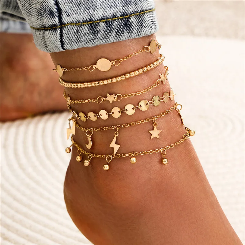 

KOTiK 6pcs/set Gold Color Sequins Stars Lightning Anklet Fashion Beads Moon Female On Foot Ankle Bracelets For Women