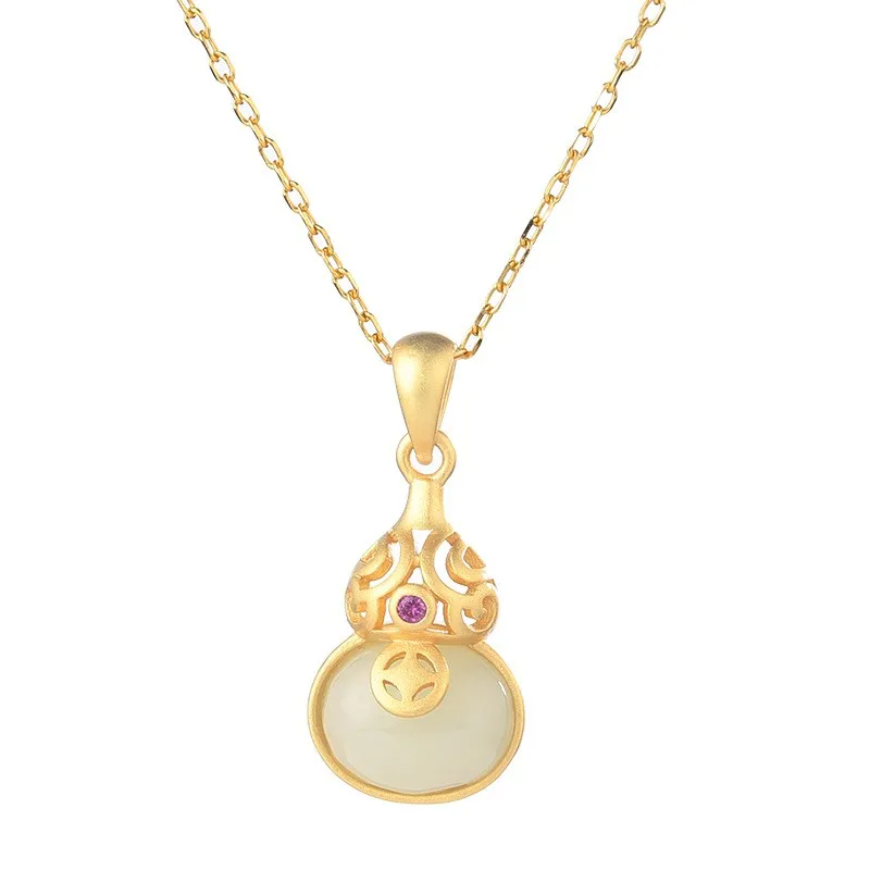 

XL543 ZFSILVER S925 Sterling Silver Fashion Trendy South Red Agate Hetian Jade Money Gourd Necklaces For Women Wedding Jewelry