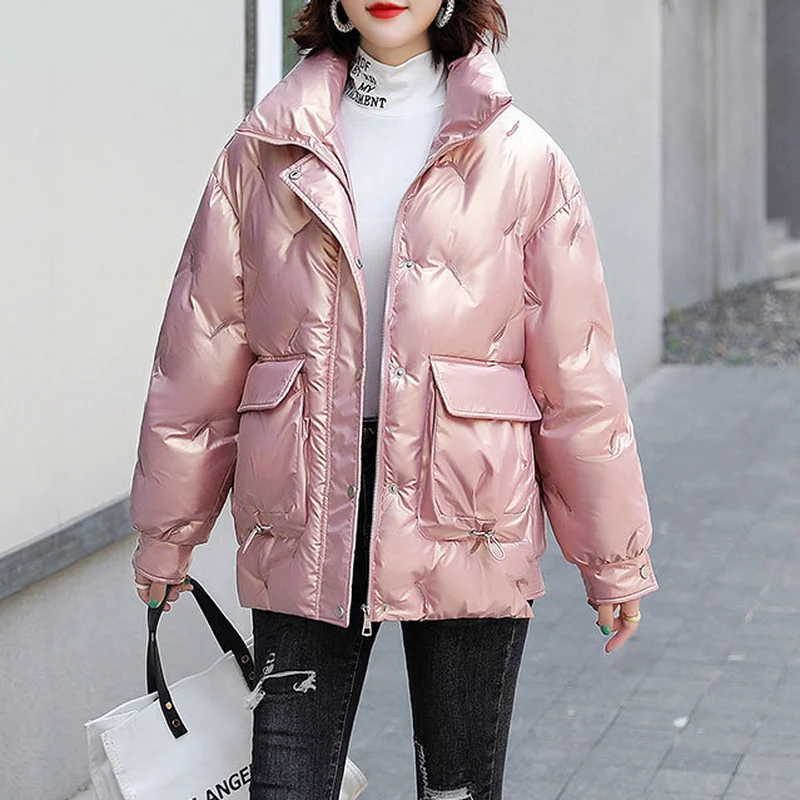 

2023 Winter Solid Color Stand Collar Glossy Korean Fashion Women Thickening Jackets Casual Loose Coats for Female Puffer Jacket
