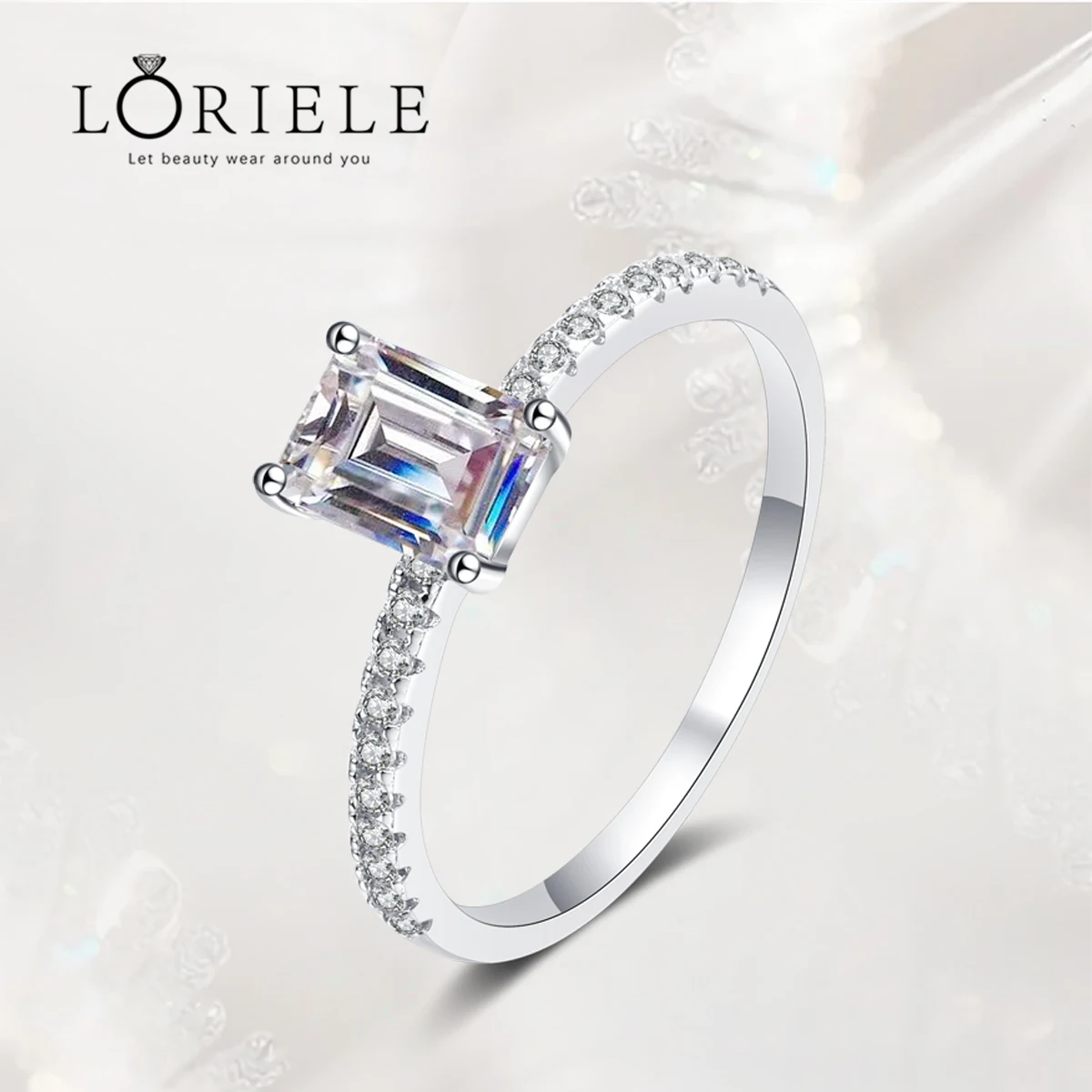 

LORIELE Emerald/Radiant Cut 1ct Moissanite Diamond Ring for Women Sparkly Halo Wedding Promise Band Platinum Plated 925 Silver