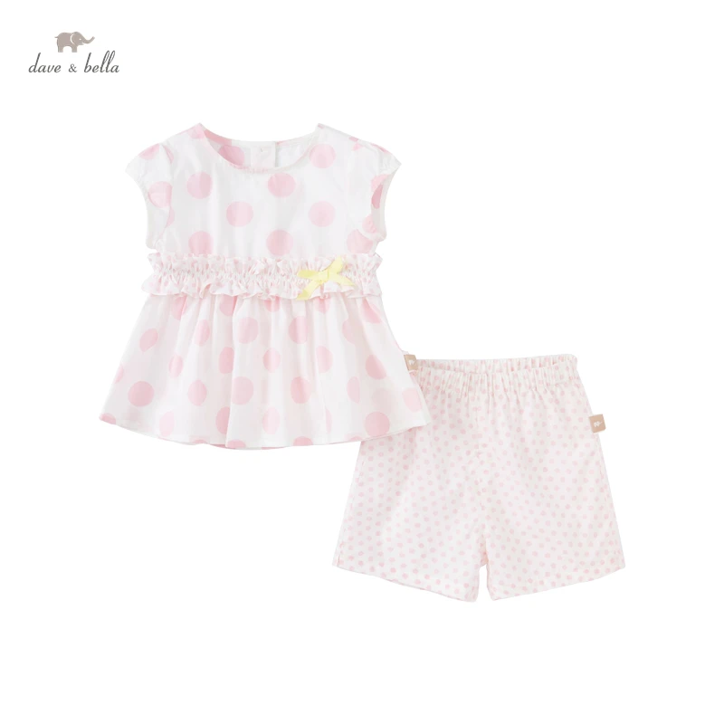 

Dave Bella Summer Baby Girls Cute Bow Dots Print Clothing Sets Kids Girl Fashion Short Sleeve Sets Children 2 pcs suit DB17267