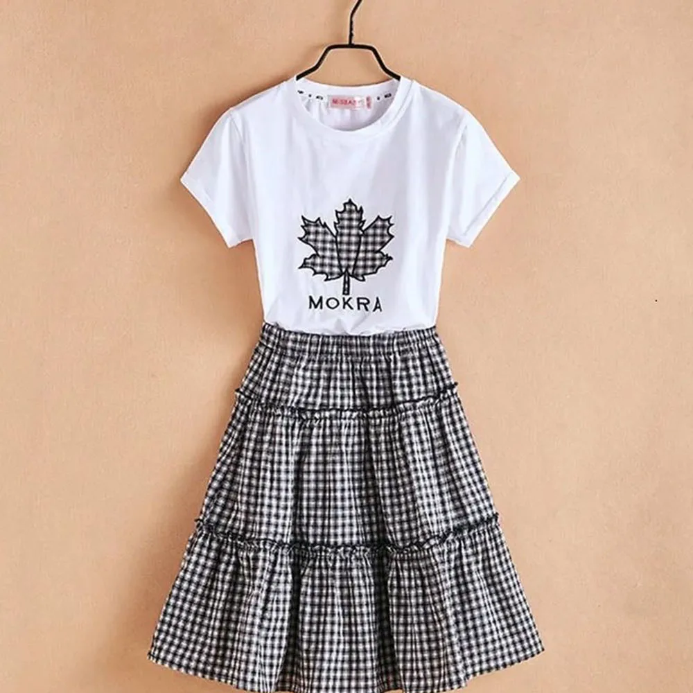 

Keelorn Teens Girls Summer Dresses New Clothes Sets 2022 Fashion Plaid Skirts and Print T-shirts 2Pcs Suits Children's Clothing