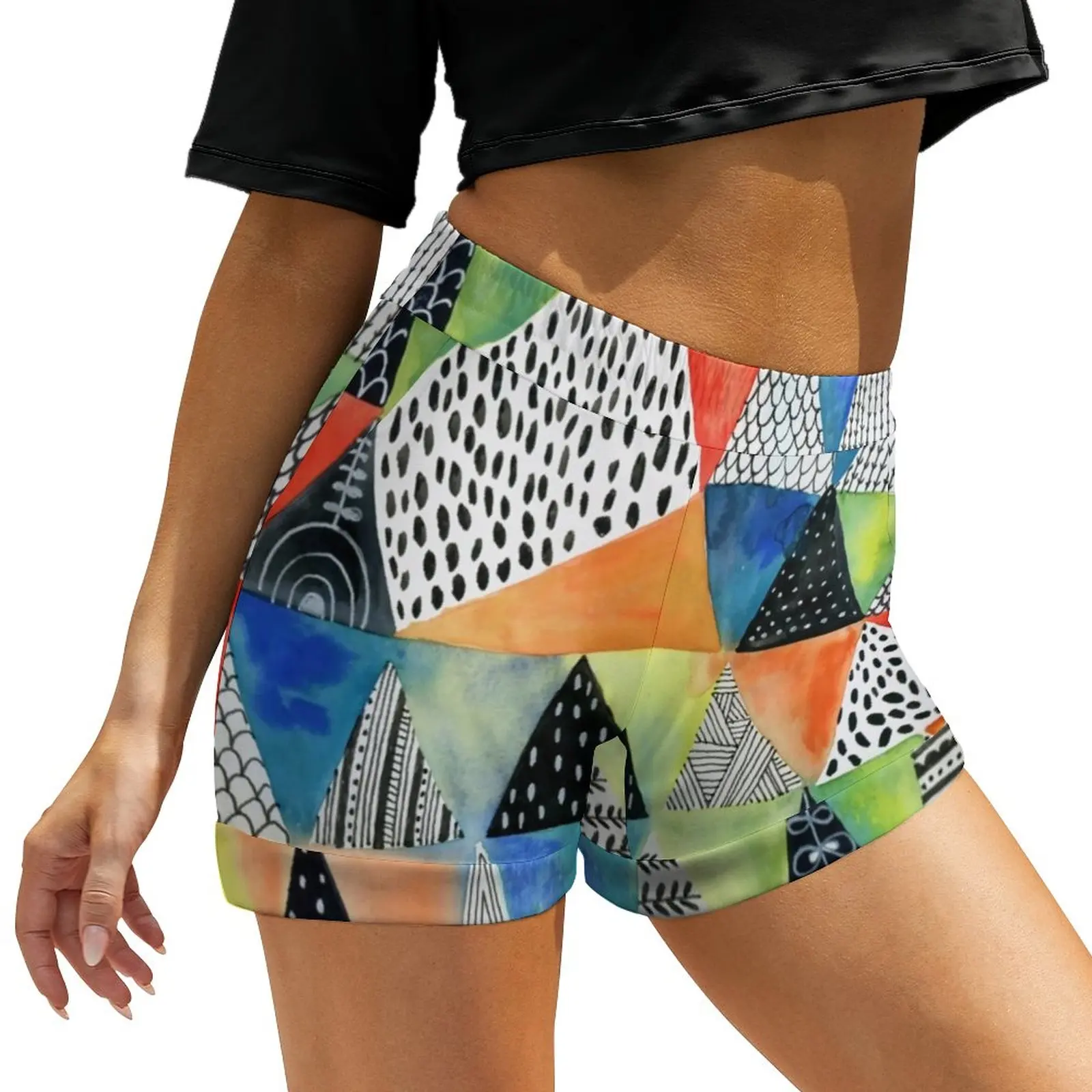 Abstract Geometry Shorts Doodled Print Oversized Street Fashion Shorts Cute Short Pants Woman Pattern Bottoms