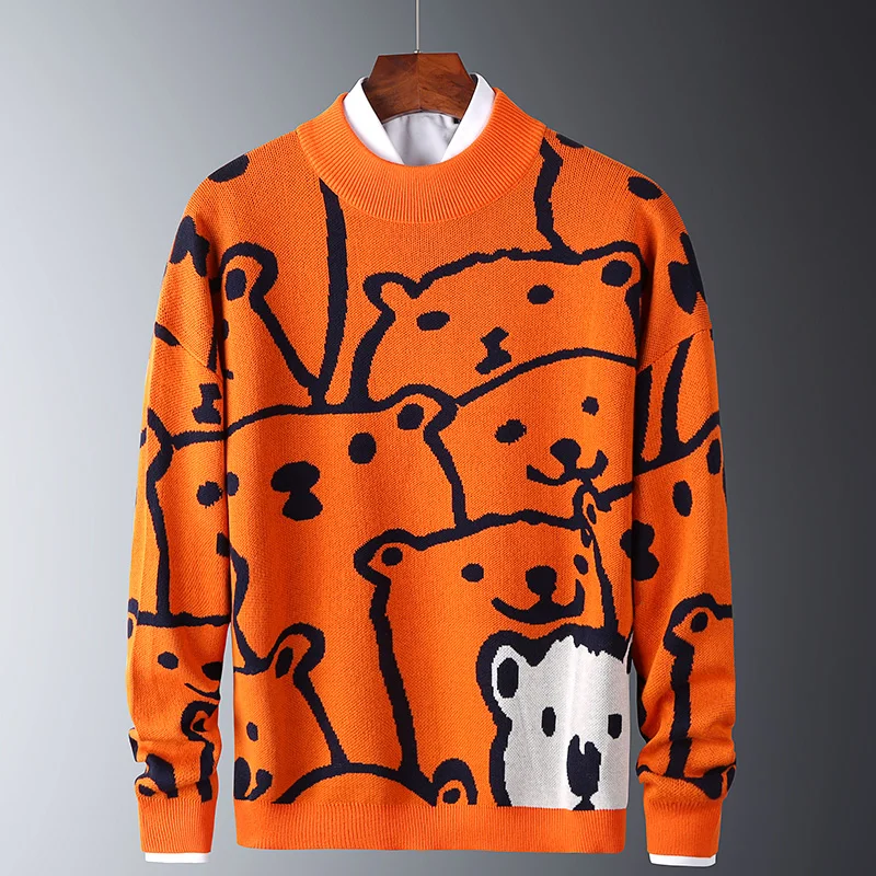 

Осенние оранжевые свитера с воротником Bear, Длинные полярные пуловеры, мужские облегающие повседневные круглые хлопковые теплые модные свитера с узором, рукава