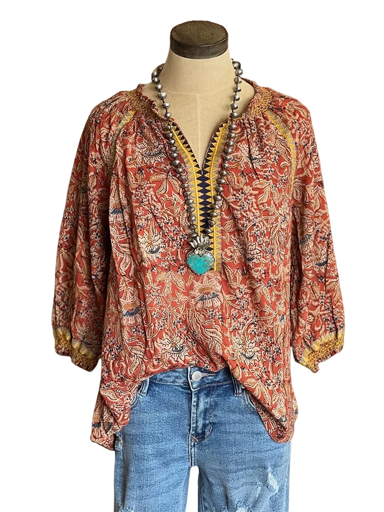 

Plus Size Boho Mixed Floral Print Top, Women's Plus Floral Geometric Print Long Sleeve Notched Neck Slight Stretch T-shirt