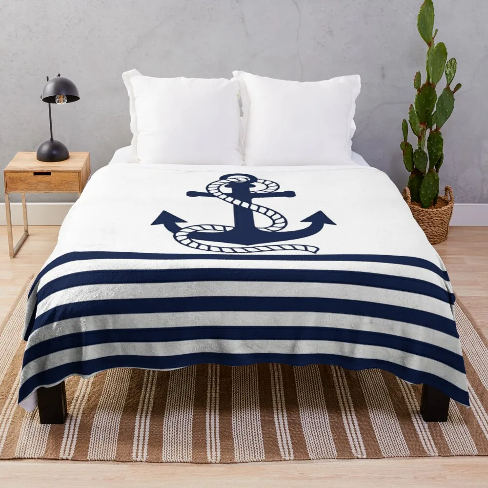 

Nautical Navy Blue Stripes and Blue Anchor Throw Blanket comfort recieving blankets thermal blankets for travel moving blanket