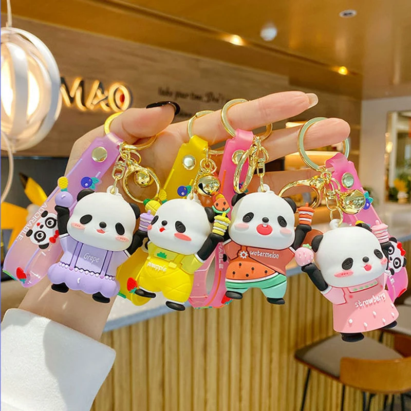 Модный брелок для ключей в виде фруктов, торта, молока, чая, мультяшный брелок в виде винограда, стеснительного лица, панды, подвеска для женс...