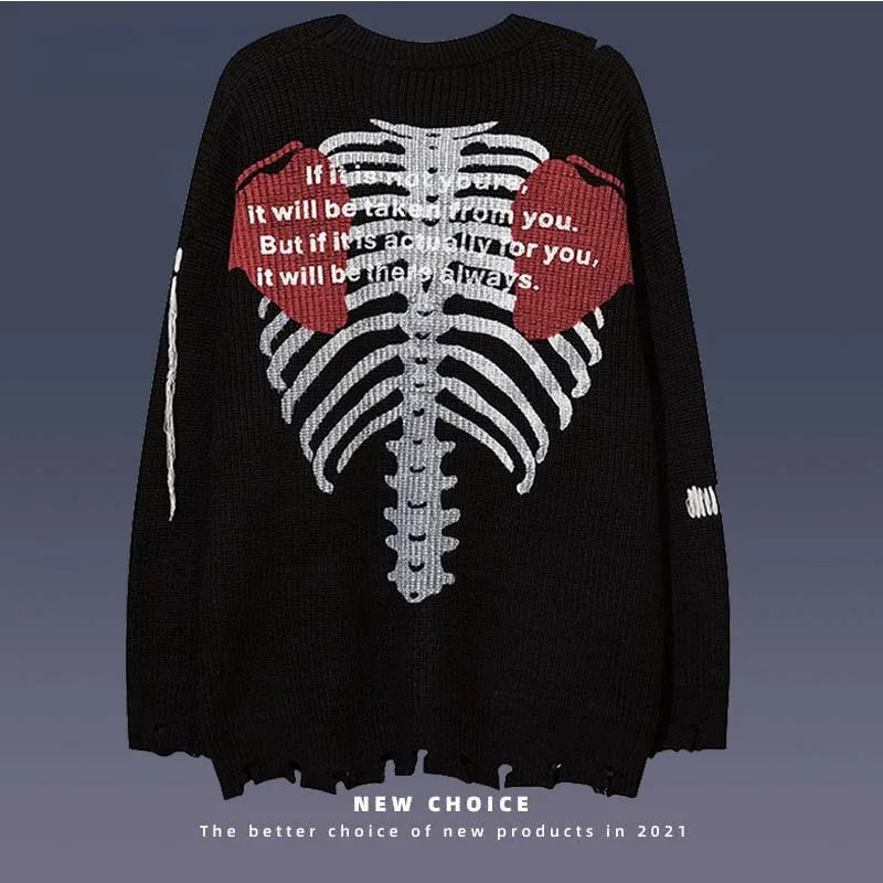 

Свитер оверсайз для мужчин и женщин, винтажный вязаный свитер с принтом скелета, свободные рваные дизайнерские пуловеры в стиле Харадзюку, уличная одежда