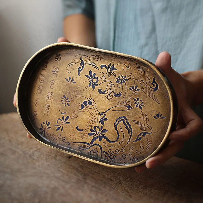 

Китайский латунный поднос для хранения, Ретро Цветочный рельефный декоративный домашний журнальный столик, настольный органайзер для чая, косметический контейнер для спальни