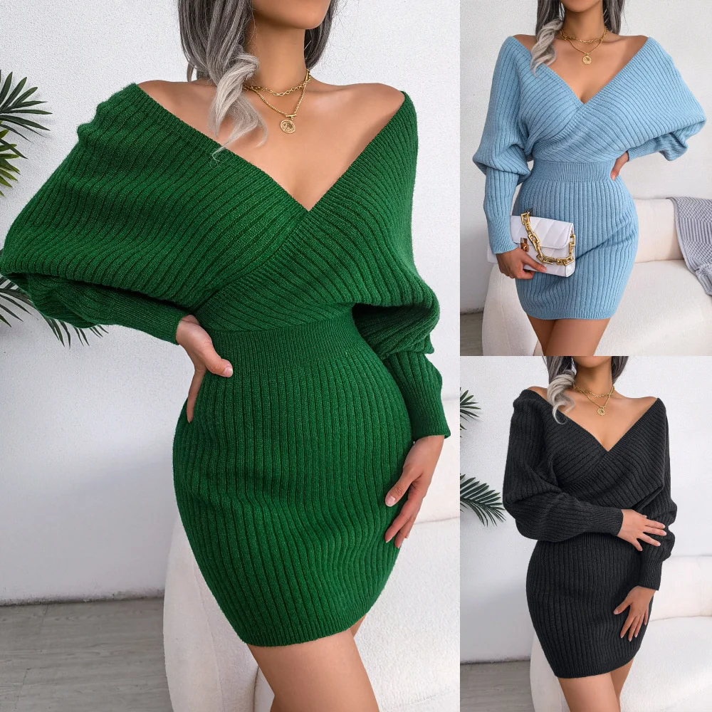 

2022 autumn and winter sexy cross V-neck bat skirt Hip Wrap Dress woolen women's wear overall jumpsuit in women The listing