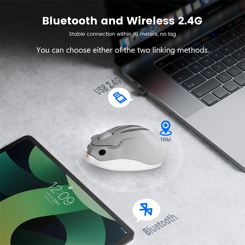 Фото Мини-беспроводная мышь 3D Cute Hamster 2,4G Bluetooth Двухрежимное подключение Длительный срок службы батареи Бесшумная USB-оптическая мышь для портативных ПК №2