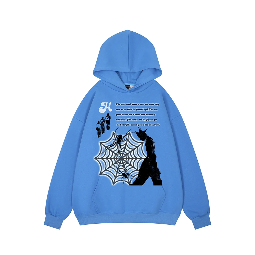 

Korean Retro Spider Web Print Autumn Casual Hooded Hoodies Unisex Streetwear Baggy Y2k Ropa Hombre Sweatshirts Stranger Things