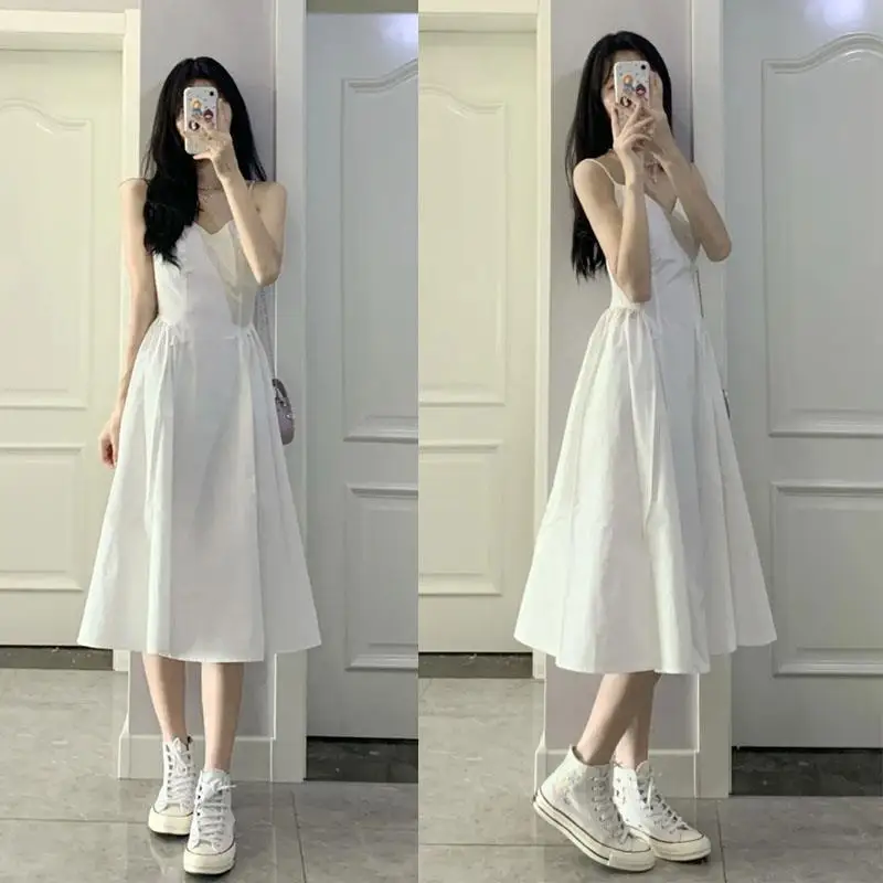 

Fairy Clothes Sweet A-Line White Dress For Girls Camisole Women's Summer Dress 2022 Chic And Elegant Woman Dress Free Shipping