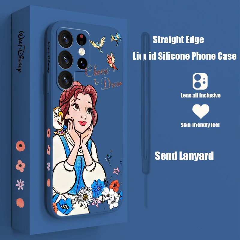 

Disney Cute Princess Flowers Phone Case For Samsung S23 S22 S21 S20 Fe S10 Note 20 10 Ultra Lite Plus Liquid Left Rope Cover
