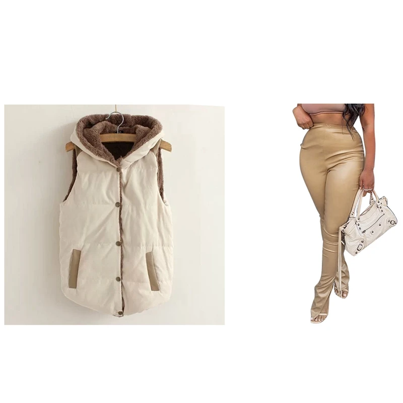 

1 Pcs PU Leather Slim Slimming Breathable Stretch Pants Khaki L & 1 Pcs Coral Fleece Hooded Women Vest Beige XXL