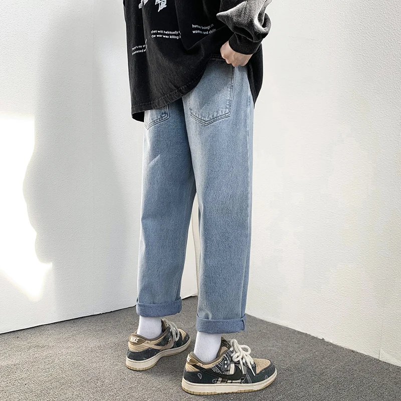 2022 Spring New Men's Denim Wide-leg Pants Korean Fashion Straight Loose Drawstring Black Jeans Male Baggy Trousers