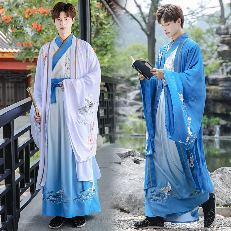 

Original WeiJin Dynasty Hanfu For Men Chinese Beautifully Embroidery Gradient Blue Hanfu Dress Adult Cosplay Costume Plus Size