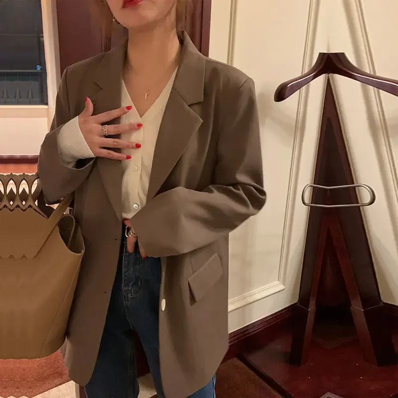 Кофейный Женский костюм куртка весна-осень 2023 нишевая Повседневная