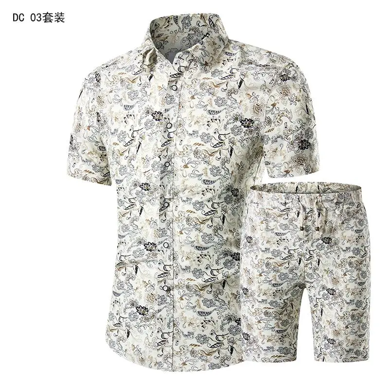 

Summer Hawaiian Style Men's Printed Two Pieces Set Short-sleeved Shirts+Beach Shorts Men Sports Suits Casual Tracksuit Male DC01