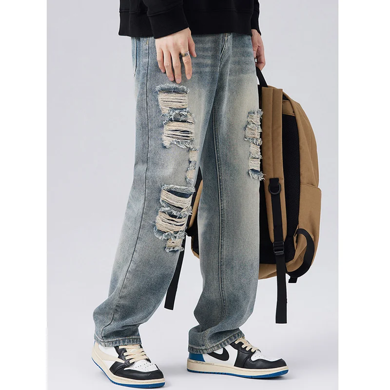 Streetwear Men 2022 New Style Pattern Vintage Recreational Ripped  Jeans Loose Straight Cylinder Broad Leg Trousers Autumn Women