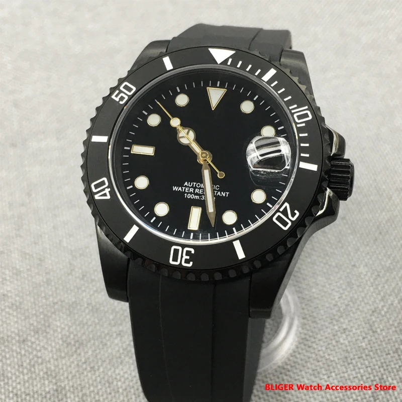 

BLIGER Black 40mm Automatic Watch Men 24 Jewels NH35 PT5000 Date Magnifier Luminous Rubber Strap Screw Crown Ceramics YM Bezel