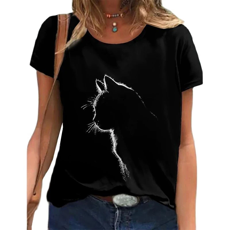 Fashion Woman Blouses 2022 T-shirt Women's 3d Cats Print Black Kawaii T Shirt Female Clothing Oversized Summer Top Free Shipping