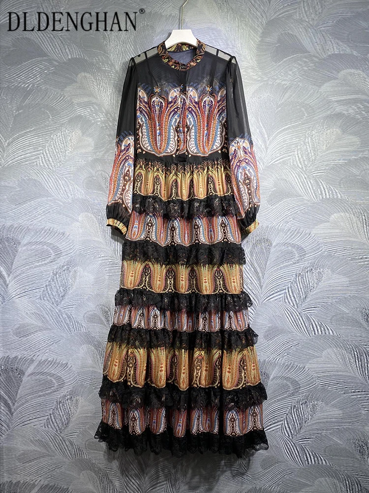 

DLDENGHAN раннее осеннее платье макси для женщин с воротником-стойкой рукавами-фонариками кружевами оборками винтажное фотоплатье модные дизайнерские новые