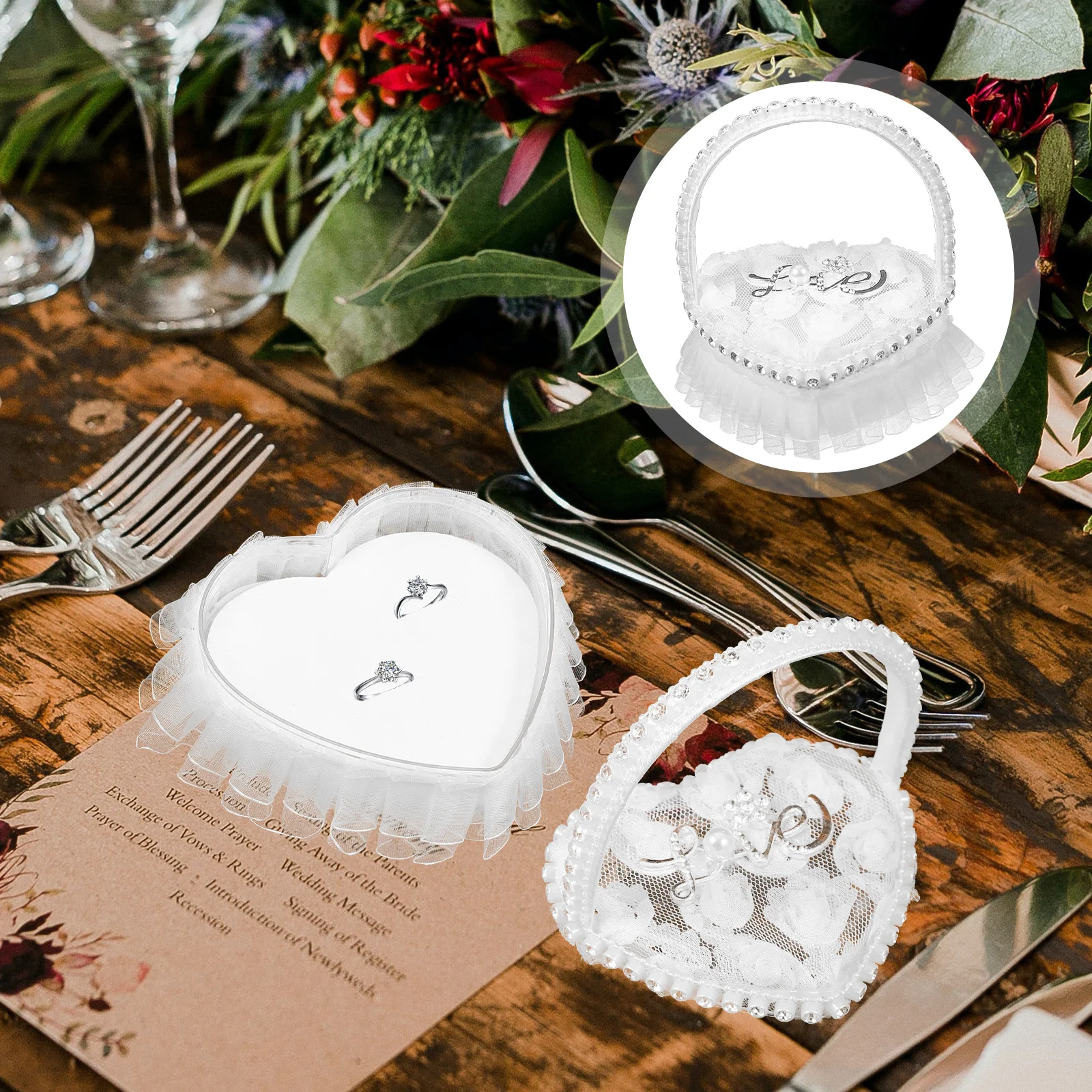 

Lace Ring Pillow Bridal Cushion Lacering Holder Props Wedding Satin Heart-shape Bride