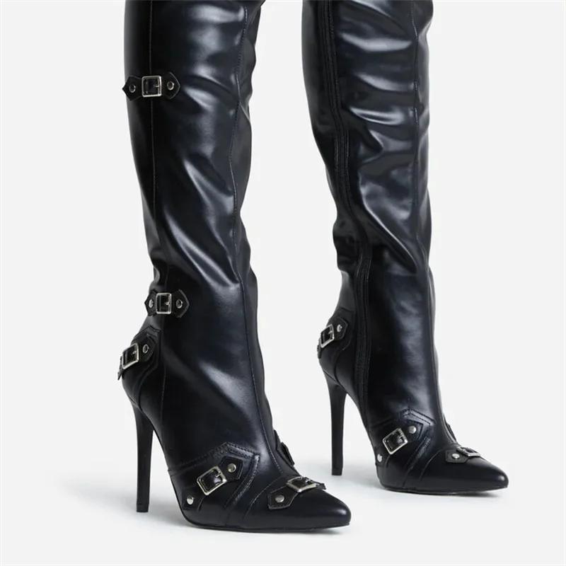 New Brand Belt Buckle Over The Knee Boots Pointed Toe Thin Heels Zip Female Solid Color Metal Winter Sexy Long Boots Women Shoes