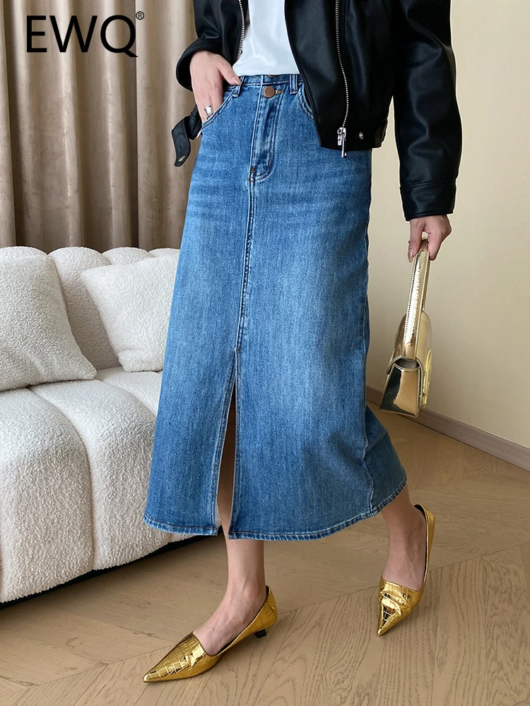

EWQ Elegant Split Washed Denim Skirts For Women High Waist A-line Mid-length Office Lady Clothing 2023 Autumn New 26D5452