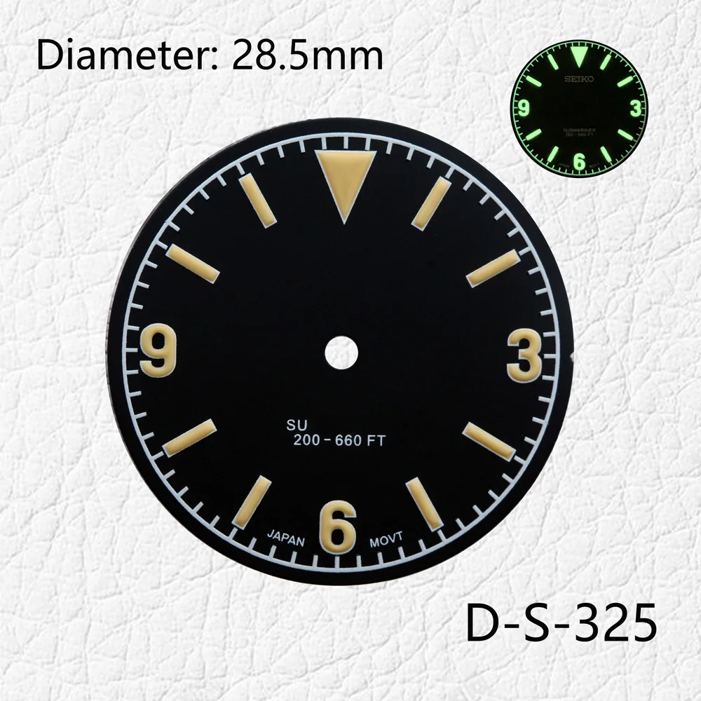 28.5mm SKX007/SUB Modification Green Luminous Dial Watches Accessories for NH35 NH36 Automatic Movement With S Logo Customizable