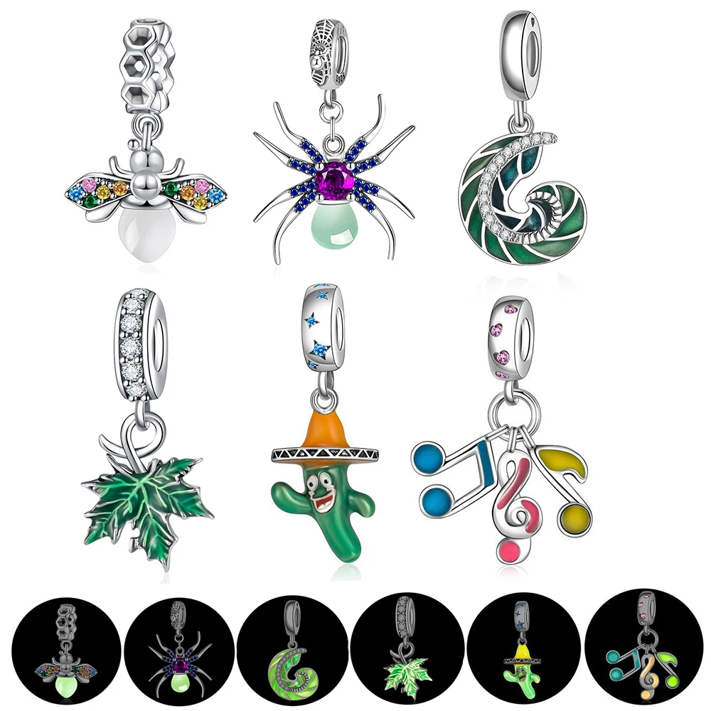 European S925 Sterling Silver AAA CZ Noctilucent Insect Plants DIY Charms Bead Dangle Fit Original Bracelet Jewelry For Women