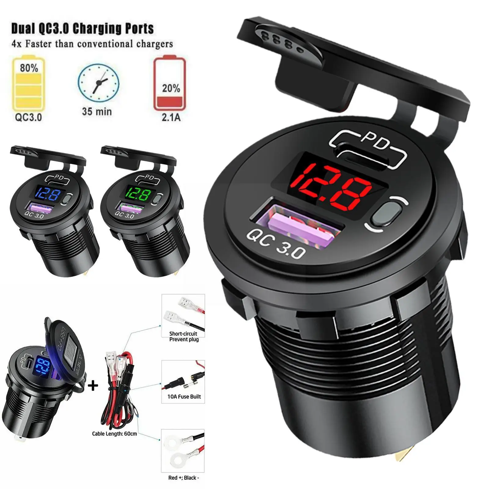 

60W PD Type C/QC 3.0 USB Charger with button Switch LED Voltmeter Power Outlet Fast Charging for 12V 24V Car Truck Motorcyc Q9G9