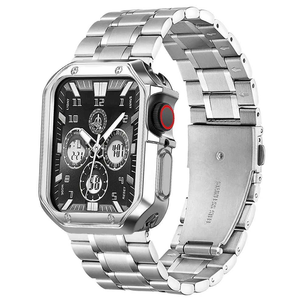 

Stainless Steel Band Case for Apple Watch Strap 41/45mm 40/44mm 38/42mm Rugged Strap with Bumper Cover for iWatch 7/6/5/4/3/SE