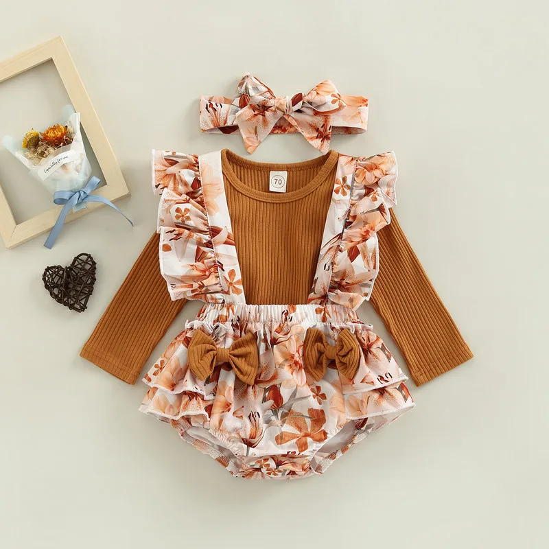 

Комбинезон для маленьких девочек, однотонный боди в рубчик с длинным рукавом, с оборками, на подтяжках, с цветочным принтом, с бантом, Осень-зима