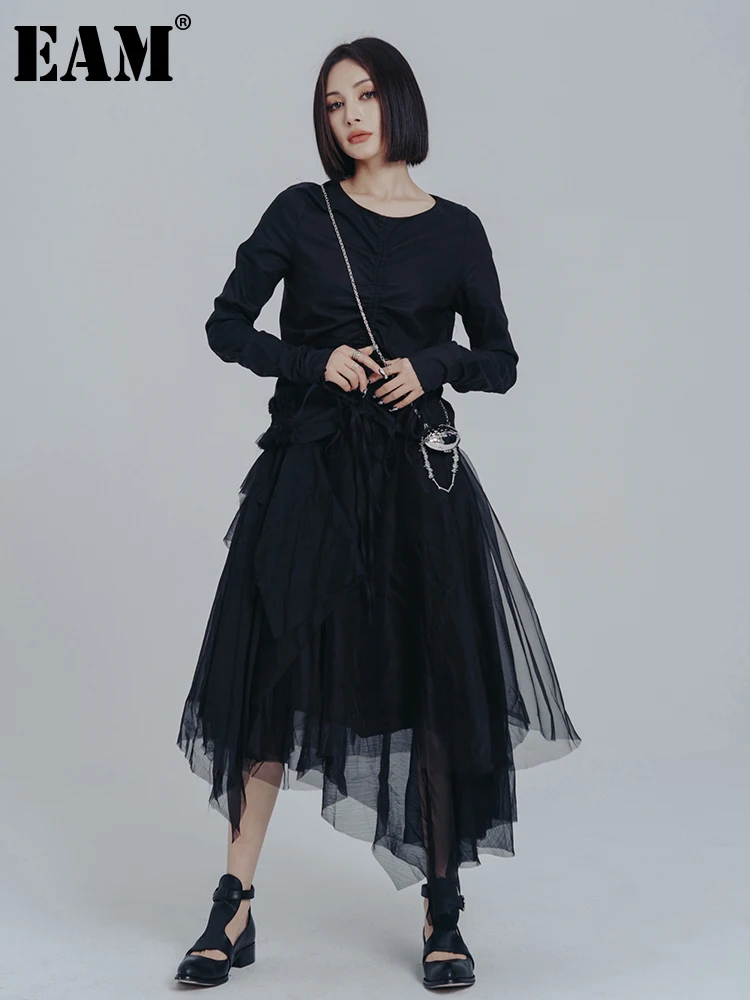 

[EAM] Women Black Drawstring Mesh Irregular Dress New Round Neck Long Sleeve Loose Fit Fashion Tide Spring Autumn 2022 1DE7464