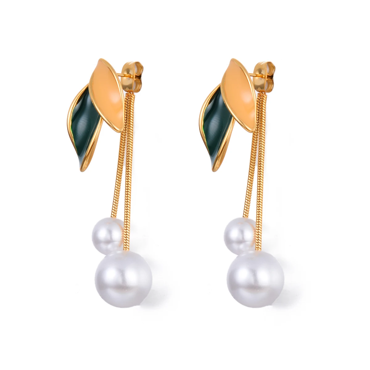 

Exquisite Imitation Pearls Enamel Leaves Stainless Steel Gold Color Dangle Earrings Korean Charm Elegant Jewelry Women